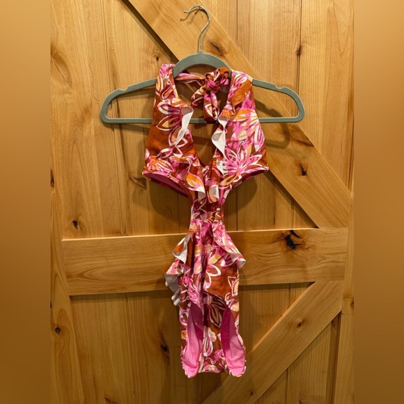Women's Size S Aerie Ruffle Halter 1 One Piece Bikini Swimsuit Floral Pink NWT - Picture 2 of 5